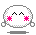 Six pixelated circular icons arranged in two display a character with closed eyes, pink blush marks on cheeks, and small white appendages