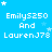 Pixelated blue background with repeated white text 'EmilyS250 And LaurenJ78' and small white stars, some frames show star positions shifting slightly.