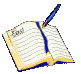 Open notebook with lined pages and blue bookmark, pen positioned above it; repeated in on gray background