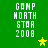 Green background with white pixelated text 'GOMP NORTH STAR 2008' and yellow star symbols in different positions across frames.