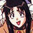 A 48x48 pixel buddy icon featuring a split composition with an anime-style character on the left and text elements on the right against a black background.