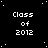 Black background with white pixelated text 'Class of 2012' repeated in a pattern, scattered white dots resembling stars, and a solid gray rectangle in the bottom-right corner