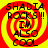 Four identical display a red and yellow spiral background with black text reading "SHADIA ROCKS!!! I'M ALSO COOL" in a pixelated font