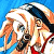 Pixelated static icon of a cartoon character with white hair, blue headband, and orange skin against a solid blue background.