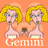 A 3x3 contact sheet of animated frames showing a cartoon Gemini icon with repeated yellow-haired figures against an orange background, each frame displaying slight variations in pose and expression.