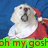 A pixelated dog wearing a Santa hat and red outfit against a blue background, with green text reading 'oh my gosh' on the left side.