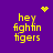 Purple background with yellow pixelated text 'hey fightin tigers' and four distinct animated symbols: a heart, a starburst, a dot cluster, and a small starburst.