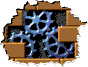 Four animated frames show blue gear-like shapes rotating within a brown, torn-edge frame against black background.