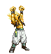 Pixel art character with spiky golden hair in fighting stance, wearing white pants and green wristbands, transitioning through multiple poses including raised fists and energy aura effects.
