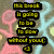 Pixelated yellow text on black rectangular bars arranged vertically against a blurred background with pink and blue hues.