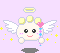 Pixelated angel icon with yellow halo, white wings, and pink cheeks holding a heart-topped wand on light purple background.