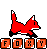 Red pixelated fox in two poses with orange letter below, first pose shows side view running left to right, second pose shows front view standing