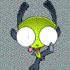 Animated cartoon character with large white eyes, yellow face, dark blue limbs and antennae, pink tongue sticking out against gray background.