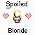 Pixel art image with 'Spoiled' text above and 'Blonde' below a central character flanked by two pink hearts.