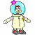 Pixelated cartoon character in a space suit with a flower on the helmet, standing against white background.