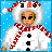 Pixel art contact sheet of a snowman-themed character in two animation frames with blue snowy background and red-and-white accents.