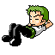 Pixelated character with green hair and black pants in a reclining pose, showing animation changes in facial expression and floating 'Z' symbols.