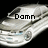 Pixelated silver sedan with blue headlights on black background, displaying sequential text overlays.