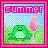 Pixelated image with pink border showing green frog, pink drink glass, and 'SUMMER' text on blue background.