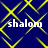 Blue background with yellow diamond-shaped lines forming a pattern, overlaid with four instances of the word 'shalom' in white text