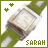 Pixelated green and white icon with brown band, two plus signs shifting position across frames, 'SARAH' text at bottom.