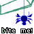 Blue spider hangs from a string against a white background with green geometric shapes; text below reads "bite me!" in black and green letters.
