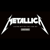 Pixelated black-and-white Metallica logo with stylized text and diagonal bars on a dark background.