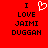 Red background with black pixelated text reading "I LOVE JAIMI DUGGAN" and a white heart symbol replacing the word "LOVE" in one version.