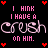 Black background with pink text reading "I THINK I HAVE A CRUSH ON HIM." and red heart symbols arranged in a pattern
