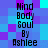 Pixelated text "Mind Body Soul By Ashlee" repeated in a pattern on a blue and purple checkered background