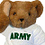 Brown teddy bear wearing white shirt with green 'ARMY' text, right paw raised near head against white background; adjacent dark green displays bright green 'Original Icons .com' text
