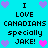 Pixelated cyan background with black text reading 'I LOVE CANADIANS specially JAKE!' surrounded by purple and pink heart icons.
