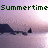 Pixelated image with green text reading "Summertime and the livins' easy" over a light purple background with dark shapes.
