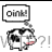 Animated pixel art of a cow-like character with black and white patches, pink cheeks, and a speech bubble saying "oink!" above its head, displayed in a with text overlays