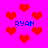 Pixelated red hearts float on a bright pink background with blue text reading RYAN in four locations.