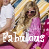 A woman in a pink outfit and sunglasses sits on a striped chair with a child in a white shirt, with the word 'Fabulous' overlaid in white text.