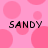 Pink background with scattered pink circles and four instances of the text "SANDY" in black pixelated font.