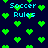 Pixelated green hearts float over a dark blue background with repeated "Soccer Rules" text in light blue.