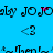 Blue background with repeating black text 'JOJO' and '<3' symbols, pink pixel clusters appear at top-right in one frame.