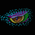 Six pixelated eye animations with blue, purple, green, and yellow hues against a black background, showing sequential eye closure and opening.