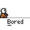 Animated contact sheet of a pixel art character in orange pants and white top performing repetitive motion with blue sparkles, labeled "Bored" under each frame on gray background.