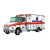 Animated ambulance icon with red and purple markings, showing sequential motion of wheels turning left to right across frames.