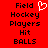 Red background with black pixelated text reading Field Hockey Players Hit BALLS and a white heart symbol above the word Field.