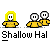 Pixel art animation of yellow-haired figures with speech bubbles over gray background, each labeled 'Shallow Hal' beneath.