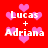 Red background with pink hearts and repeated white text 'Lucas + Adriana' in pixelated font.