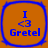 Four identical orange square icons with rounded corners, each bordered by a blue outline and displaying the text "I <3 Gretel" in blue.