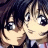 Two anime-style characters with large eyes and dark hair appear side-by-side against a black background with pixelated text.