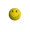 Yellow circular face with black eyes and smile, rotating through multiple angles against gray background.