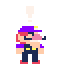 Pixel art character with purple hat and shirt, dark pants, red shoes, mustache, pipe, yellow buttons; six views show head turning left to right while holding white question mark.