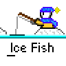 Animated contact sheet of a pixel art character fishing on ice with repeated "Ice Fish" text labels, showing frame-by-frame motion from casting to catching fish.